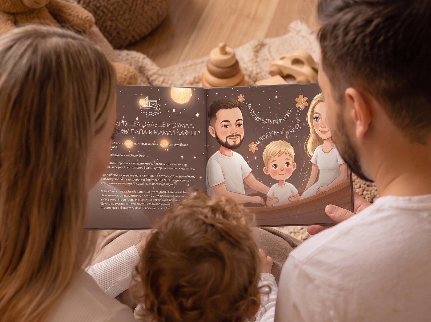 Семья читает книгу, где нарисованы мама и папа